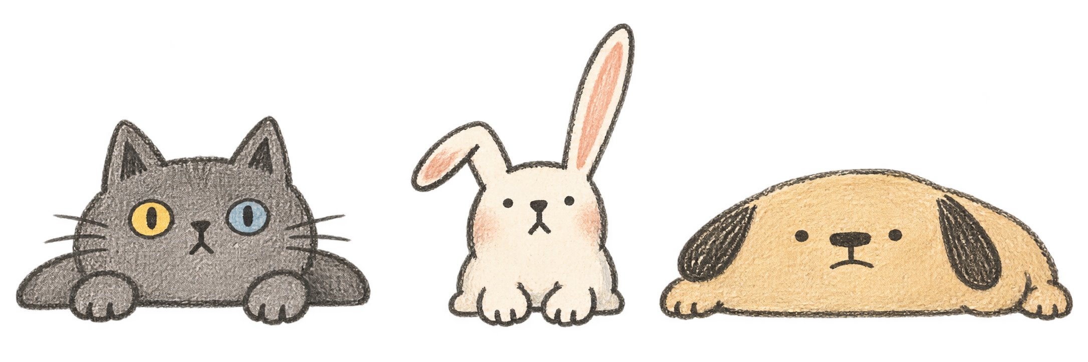 A hand-drawn cat, rabbit and dog