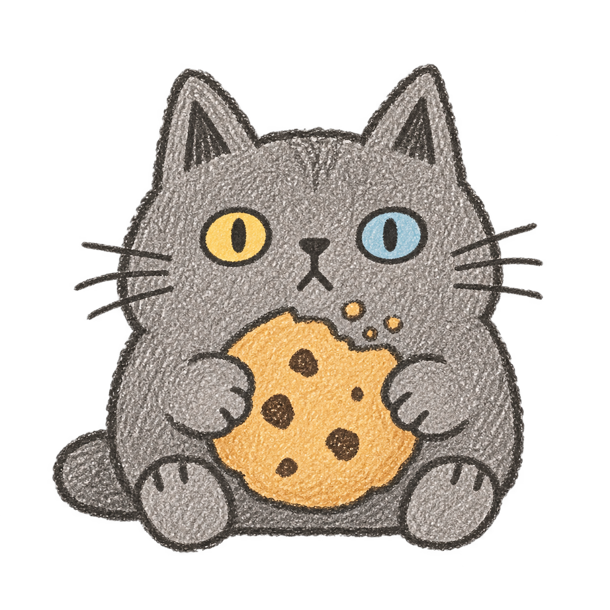 A hand-drawn cat collectible holding a snack